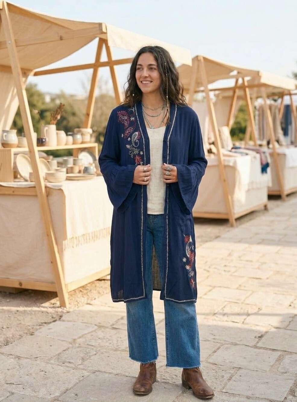 Knox Rose 🌹 Embroidered Kimono Cardigan in Blue  Fits Size L Like New